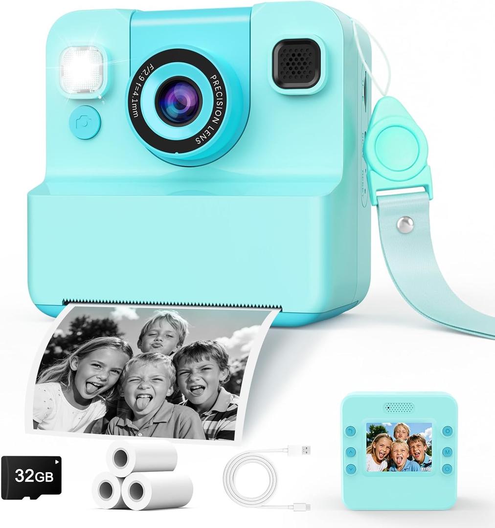 Kids Camera Instant Print with Flip Lens, 1080P HD Video Inkless Toddler Digital Camera with 32GB Card, Portable Travel Christmas Birthday Gift for 3-12 Girls Boys with 3 Rolls Print Paper (Green)