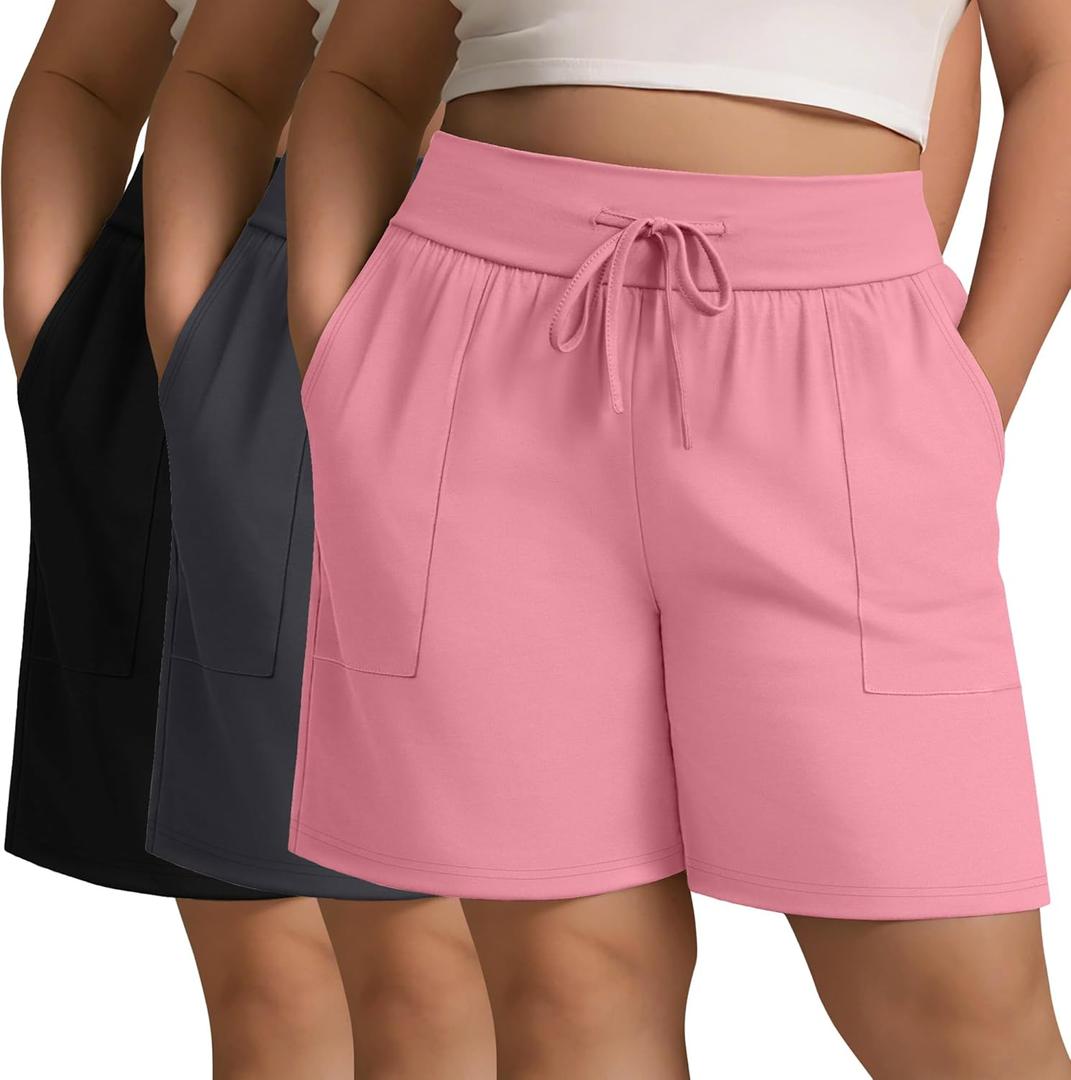 3 Pack Women's Plus Size Cotton Shorts, Drawstring Sweat Shorts Loose Lounge Running Athletic Shorts with Pockets (Black, Dark Gray, Pink) 3X-Large