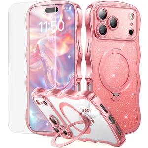 3 in 1 for iPhone 17 Pro Max Case with 360 Spin Magnetic Stand, 1X DIY Glitter Cardstock +1X Screen Protector, [Fit for Magsafe]Cute Wavy Trendy Glossy Clear Phone Cover for Women Girls 6.9", Pink