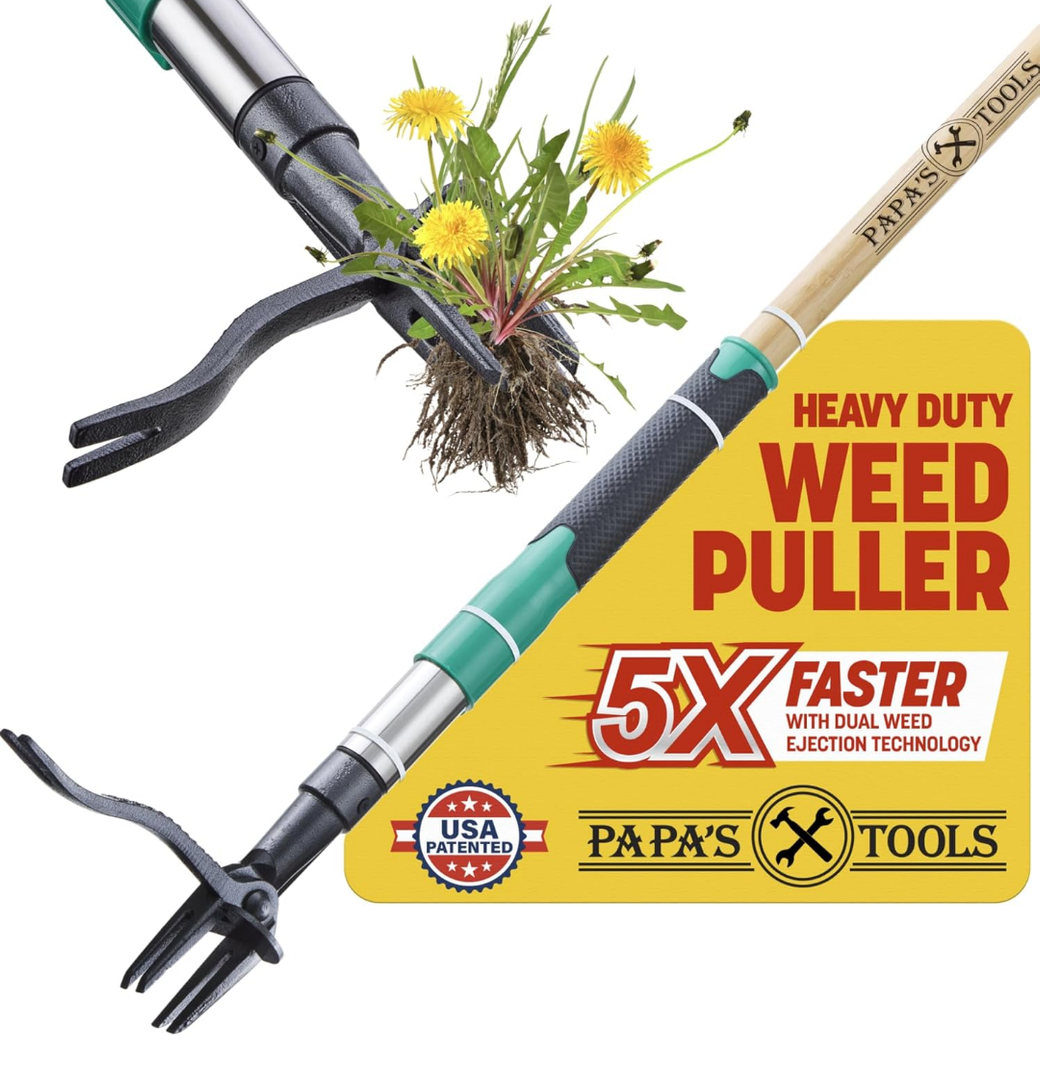 Papa's Tools Weed Puller Tool, 44" Stand Up Weeder Garden Tools & 4 Claw Steel Head, Dual Weed Eject Tech. Made With Real Bamboo & Long Wooden Handle, Yard Weeding Remover For Gardening Men & Women
