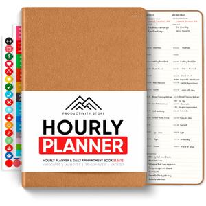 Hourly Planner & Appointment Book (8.5 x 11) - Premium Hourly Planner with Daily Schedule & 30-Minute Time Slots for Better Time Management by PRODUCTIVITY STORE (A4, Brown) (Leather)