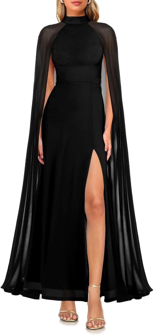 Lrady Women's Summer Wedding Guest Dress Halter Neck Sexy Split Cocktail Party Maxi Long Formal Dresses with Cape (3# Black), XL