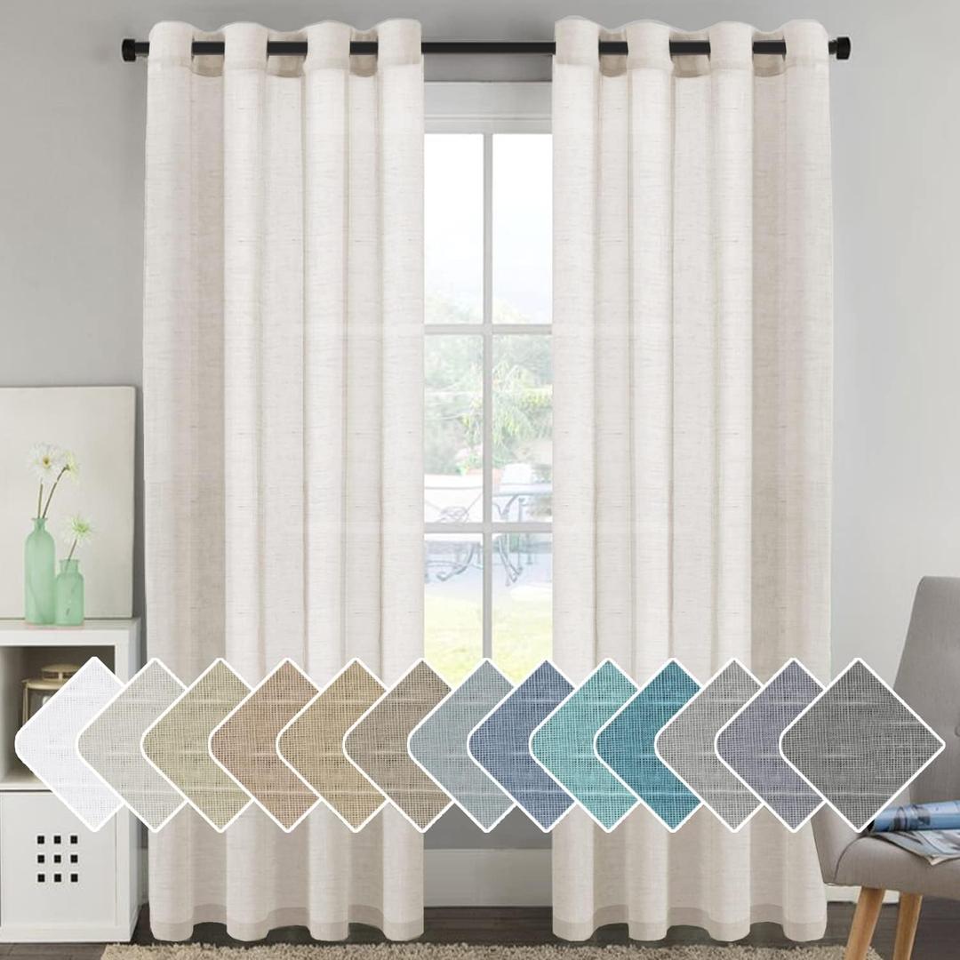 H.VERSAILTEX Curtains 96 inches Long Linen Curtains/Natural Linen Blended Sheer Curtain/Panels/Drapes for Living Room, Home Decorative Privacy Window Treatment Nickel Grommets, Natural