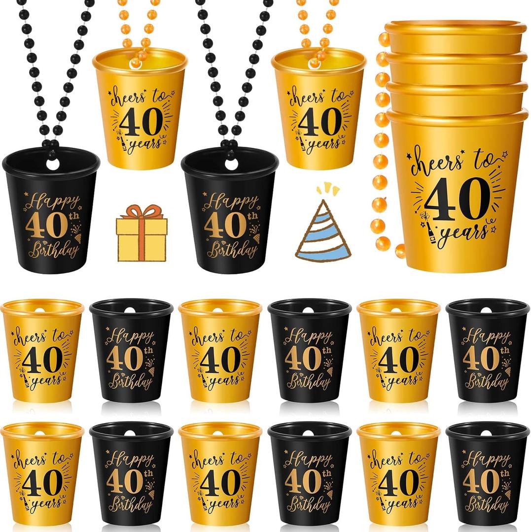 Sureio 12 Pieces Shot Glasses Necklace Birthday Plastic Shot Glass on Beaded Necklace Cups for Birthday Party Anniversary Supplies, Gold and Black(40th)