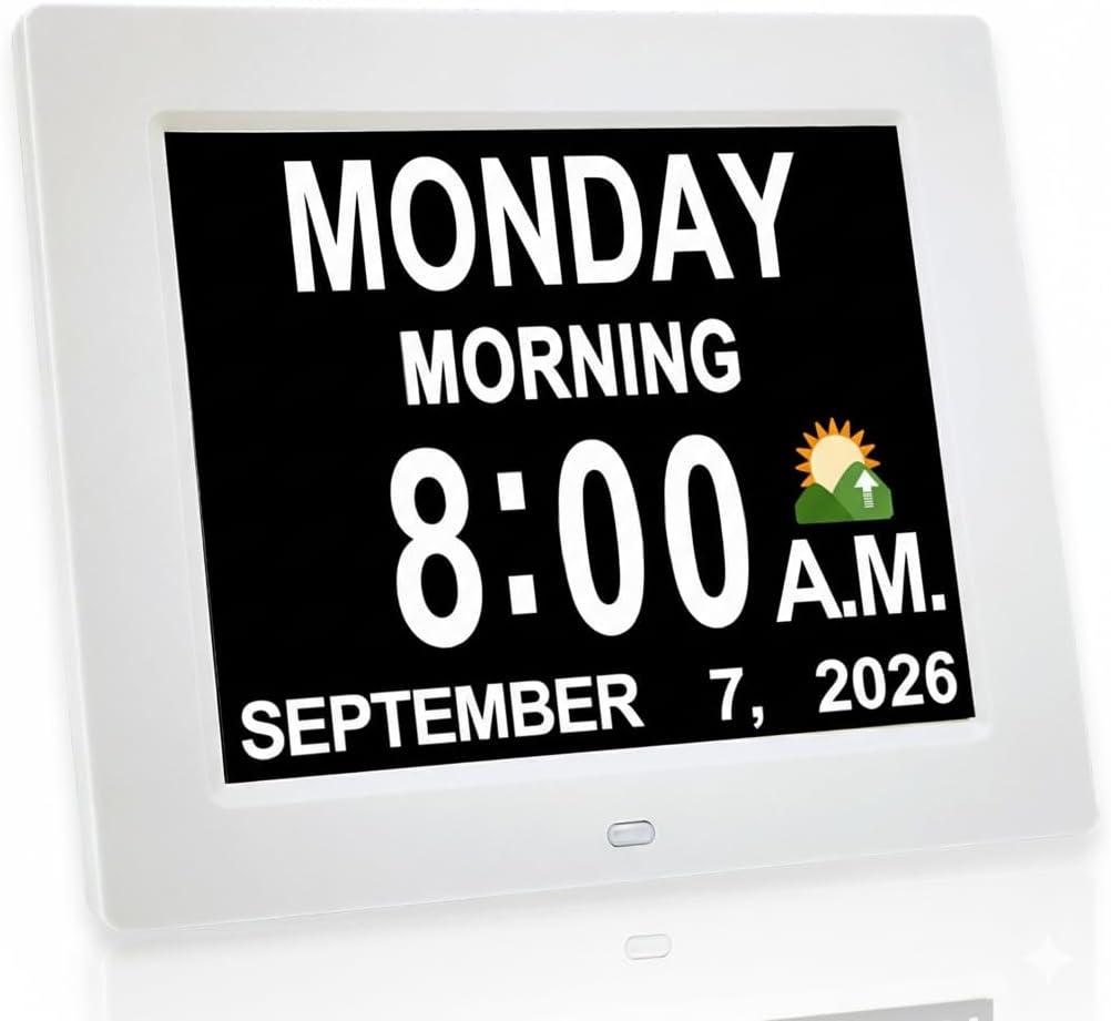 New 2026 Digital Calendar Alarm Day Clock - with 8" Large Screen Display, am pm, Multiple Alarms, for Impaired Vision People, The Aged Seniors, The Dementia, for Desk, Wall Mounted, (White)