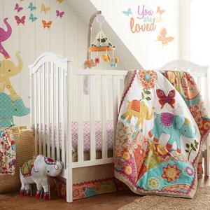 Levtex Baby - Zahara Crib Bed Set - Baby Nursery Set - Orange, Teal, Yellow, Red, Fuchsia - Boho Elephant - 5 Piece Set Includes Quilt, Fitted Sheet, Diaper Stacker, Wall Decal & Skirt/Dust Ruffle