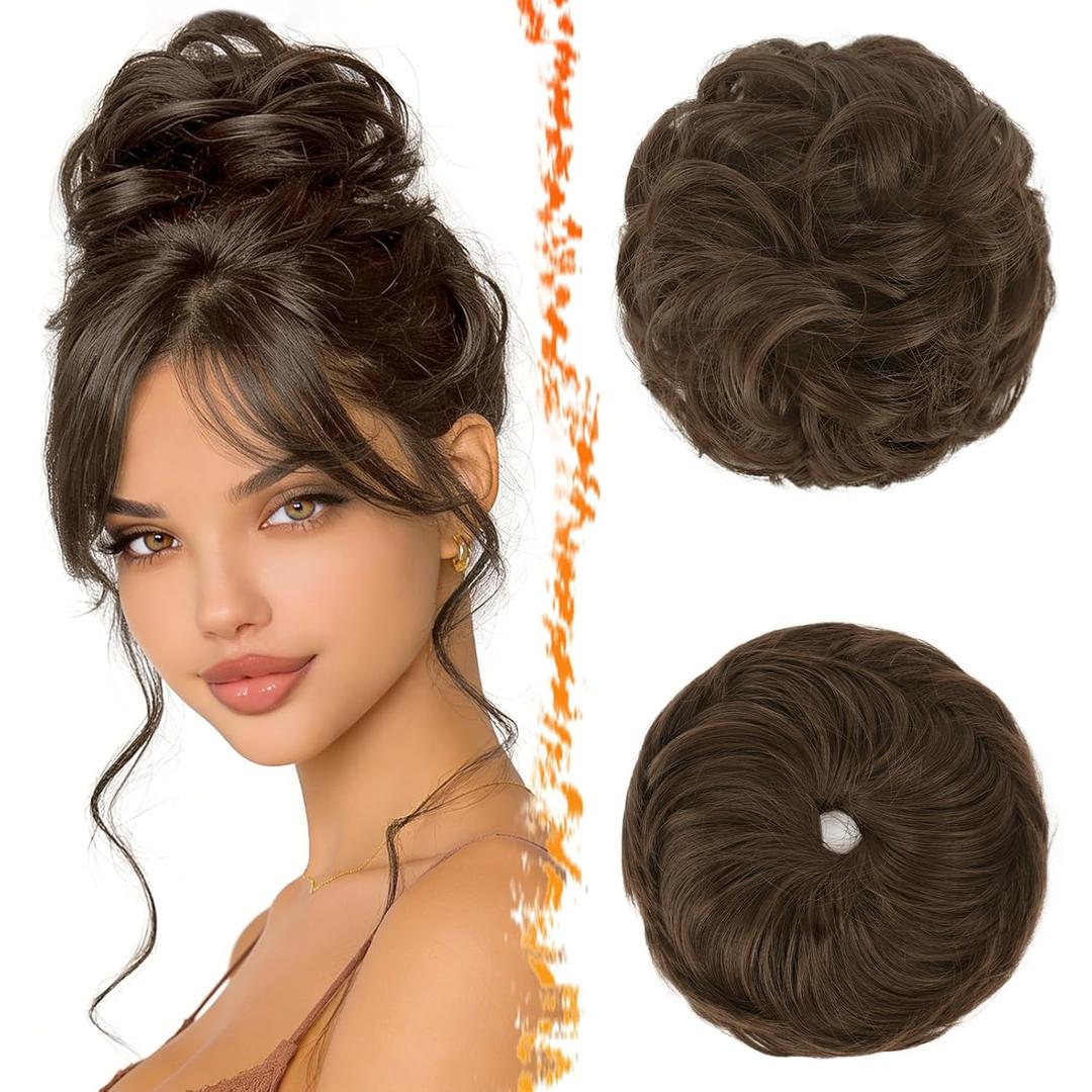 BARSDAR 2 PCS Medium Chestnut Brown Large Messy Bun Hair Piece - Elastic Brown Messy Bun Scrunchies for Women - Natural Looking Thick Soft Synthetic Fluffy Updo Chignons Hair Pieces Daily