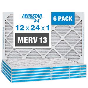 Aerostar 12x24x1 MERV 13 Pleated Air Filter, AC Furnace Air Filter, 6 Pack (Actual Size: 11 3/4" x 23 3/4" x 3/4") Aerostar 12x24x1 MERV 13 Pleated Air Filter, AC Furnace Air Filter, 6 Pack (Actual Size: 11 3/4" x 23 3/4" x 3/4")