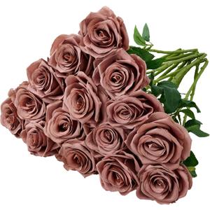 15pcs Dusty Rose Artificial Flowers Roses Fake Silk Flowers Faux Long Stem Artificial Roses for Wedding Party Bridal Show Decorations (VASE is NOT INVLUDED)