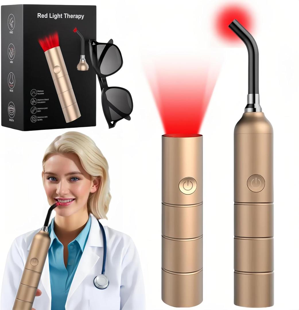 Red Light Therapy, Portable Handheld LED Light Therapy Device for Pain Relief on Lips, Mouth, Nose, Ear, Joint, Muscle | Cold Sore, Canker Sore, Fever Blister Treatment (660/810/850/940nm) (Small, Gold)