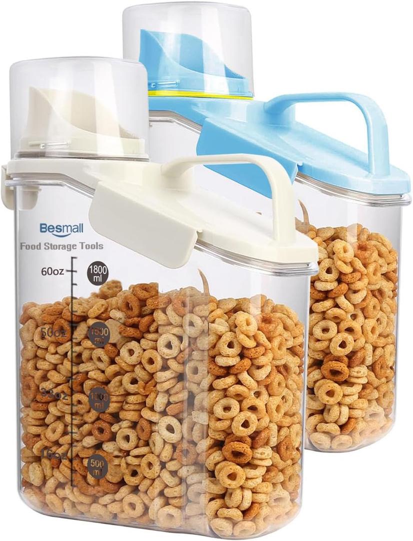 Cereal Containers Storage,2L Airtight Large Dry Food Storage Containers with Pouring Spout, Measuring Cup for Flour and Grain,BPA Free Plastic Dispenser ((2pcs) White-Blue-67oz)