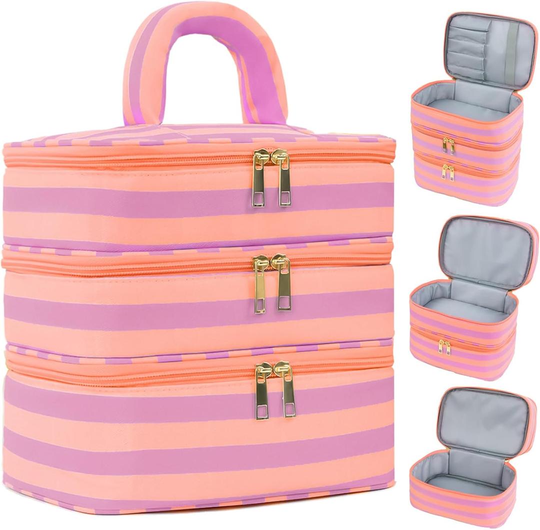 Three Layer Makeup Bag for Women Fashion Stripes Cosmetic Bag Preppy Style Travel Water-Resistant Toiletry Bag for Storage Toiletries Cosmetics Sets for Women Teen Girls Purple (EXP 12/30/36)