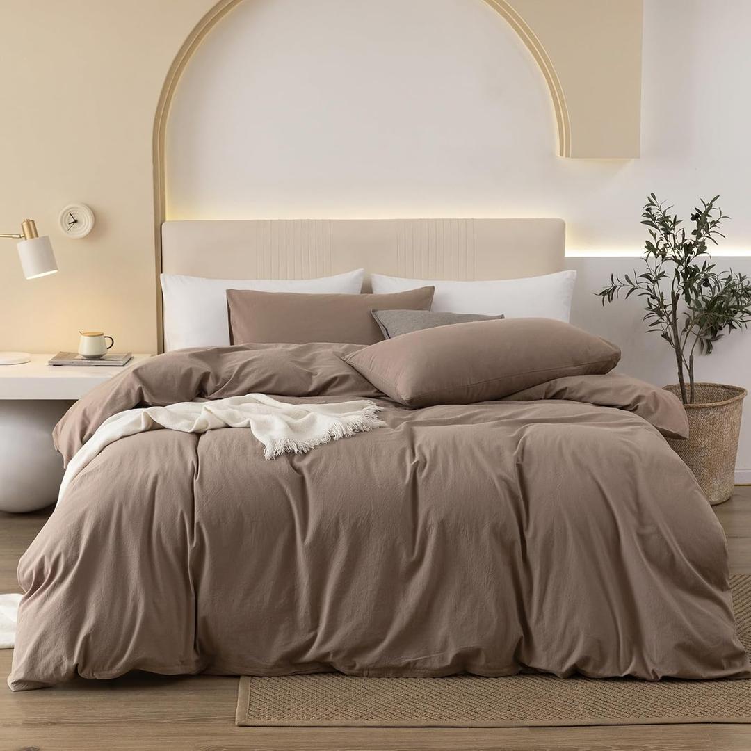 JIYUAN 100% Washed Cotton Duvet Cover Set 3 Pieces King, 1 Duvet Cover 104x90 Inches(Comforter Not Included) and 2 Pillowcases, Linen Feel Bedding Set Comfy and Breathable, Light Brown