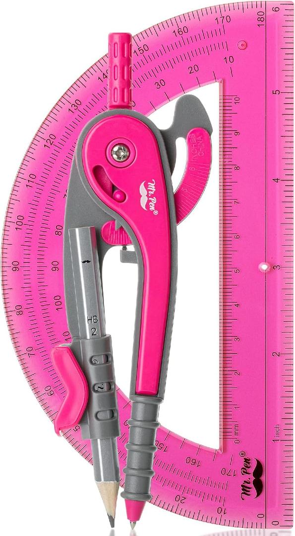 Mr. Pen- Geometry Compass and Protractor Set, 6 Inch Compass, 6 Inch Protractor, Drawing Tool for School, Clear Plastic, Easy Grip, Precision Design for Math, Art, Drafting, Architecture (Vivid Cerise)