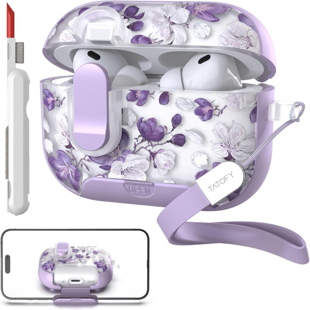 TATOFY for AirPod Pro 3 Case (2025) with Phone Stand Lanyard Lock Cleaning Kit, Compatible with Magsafe, Flowers Hard AirPods Pro 3rd Generation Cover for Women (Purple, AirPods Pro 3)