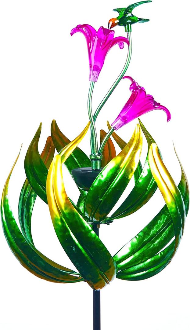 Solar Hummingbird Tulips 69 Inch Wind Catcher for Yard Kinetic Wind Spinner with Garden, Metal Windmill-Kinetic Garden Decoration, 360 Swivel Hummingbird Tulips Outdoor Wind Sculpture Spinners