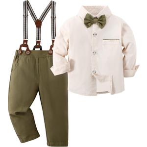 ZOEREA Toddler Baby Boy Suit Clothes Gentleman Wedding Outfits Long Sleeve Dress Shirt + Suspender Pants + Bowtie 1-5T (18-24 Months, Beige)