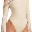 WDIRARA Women's Lace One Shoulder Long Sleeve Bodysuit Dressy Off The Shoulder Leotard Tops, Large