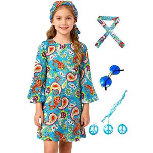 6Pcs 60s 70s Outfits for Kids, Hippie Costume for Girls Colorful Dress Party Halloween Cosplay  (XS, Blue)