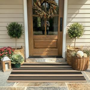 KIMODE Front Door Mats 24"x51", Black and Khaki Striped Layered Door Mats Outdoor,Machine Washable Farmhouse Front Porch Rug Decor, Spring Decorations Cotton Hand Woven Entryway Rug for Doorway
