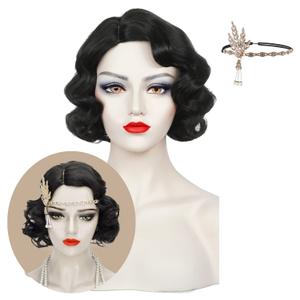 1920s Finger Wave Wig Women Black 30s Vintage Flapper Wig Lady Rockabilly Short Curly Wig Halloween Party Cosplay Costume Synthetic Hair + Cap