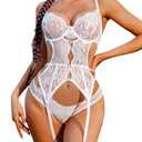 Avidlove Garter Lingerie Set for Women Sexy White Bridal Lingerie Outfits Teddy Lingerie Bodysuit M