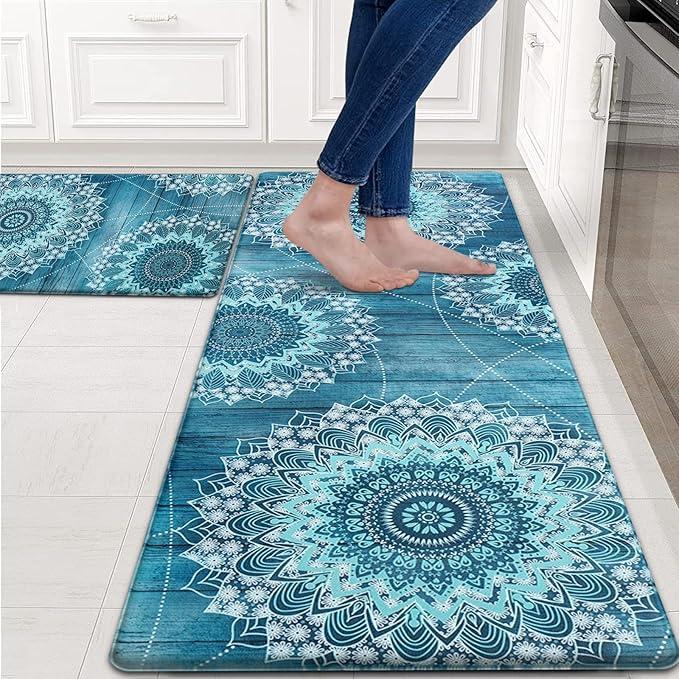 FRAMICS Kitchen Mats for Floor 2 Piece, Waterproof Non Slip, Memory Foam Cushioned, Floral Kitchen Rugs Set, Teal 17.3"30"+17.3"47"