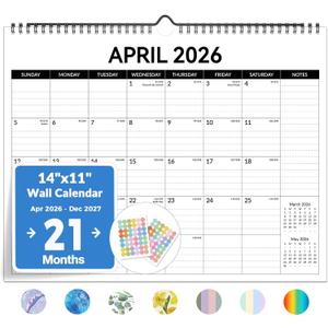 2026 Calendar, Forvencer 21-Month Wall Calendar 2026, Apr 2026 - Dec 2027, 14" x 11" Large Monthly Planner Calendars with Notes Section & Stickers, Ruled Block, Spiral Binding Hanging for Home Office (Sleek)