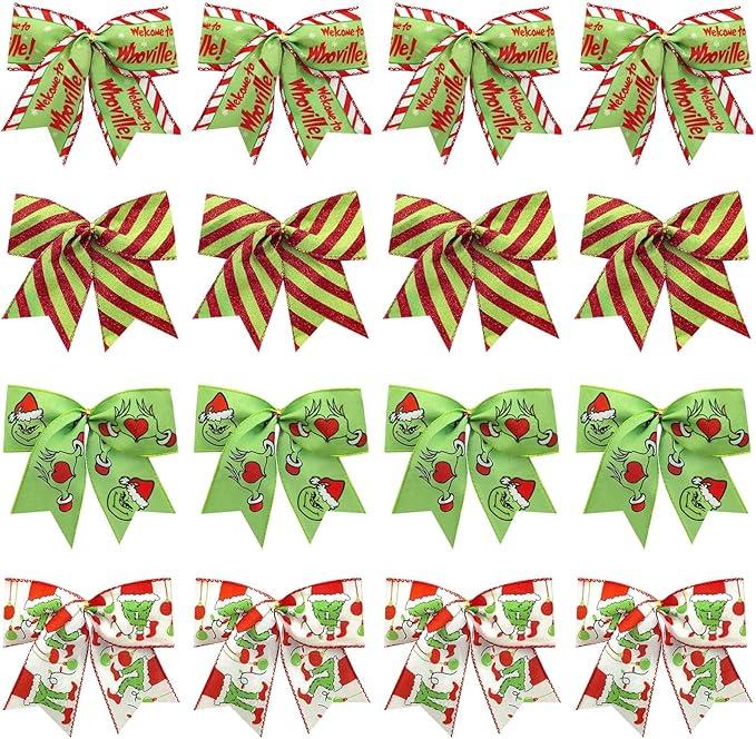 Christmas Bows 16 Pcs Red Green Christmas Bows for Tree Gift Wreaths Wrapping Garland, 6 Inch Christmass Decorations Ribbon Xmas Tree Ornaments