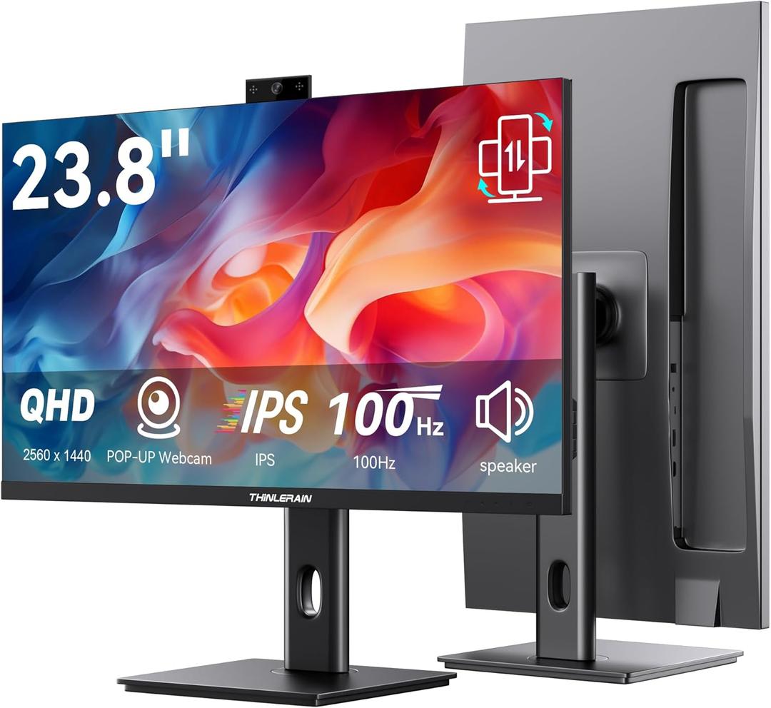 23.8 Inch Monitor with Pop-Up Webcam - 2K 2560 x 1440 IPS Computer Monitor, 100Hz Vertical Gaming PC Screen, Built-in 3MP Webcam & Microphone, HDMI, DisplayPort, Display for Office Home