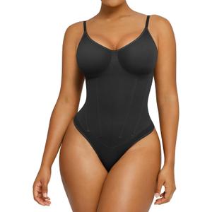 SHAPELLX Womens Shapewear Tummy Control Thong Slimming Body Shaper Seamless Compression Top Waist Boning Corset Bodysuit (Medium-Large, Black)