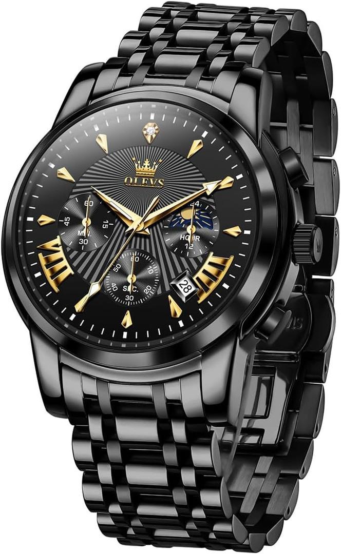 OLEVS Men's Luxury Watch Waterproof Luminous Easy Read Chronograph Watches Full Gold/White Dail/Black Face with Calendar Wristwatch (2892-All Black)