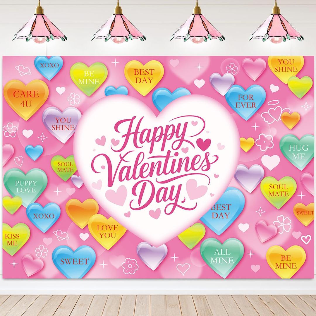 Happy Valentine's Day Banner Backdrop 8x6FT Pink Love Heart Valentines Photography Background Colorful Heart Valentines Party Decorations Photo Props (8x6FT: 96x72 inch)