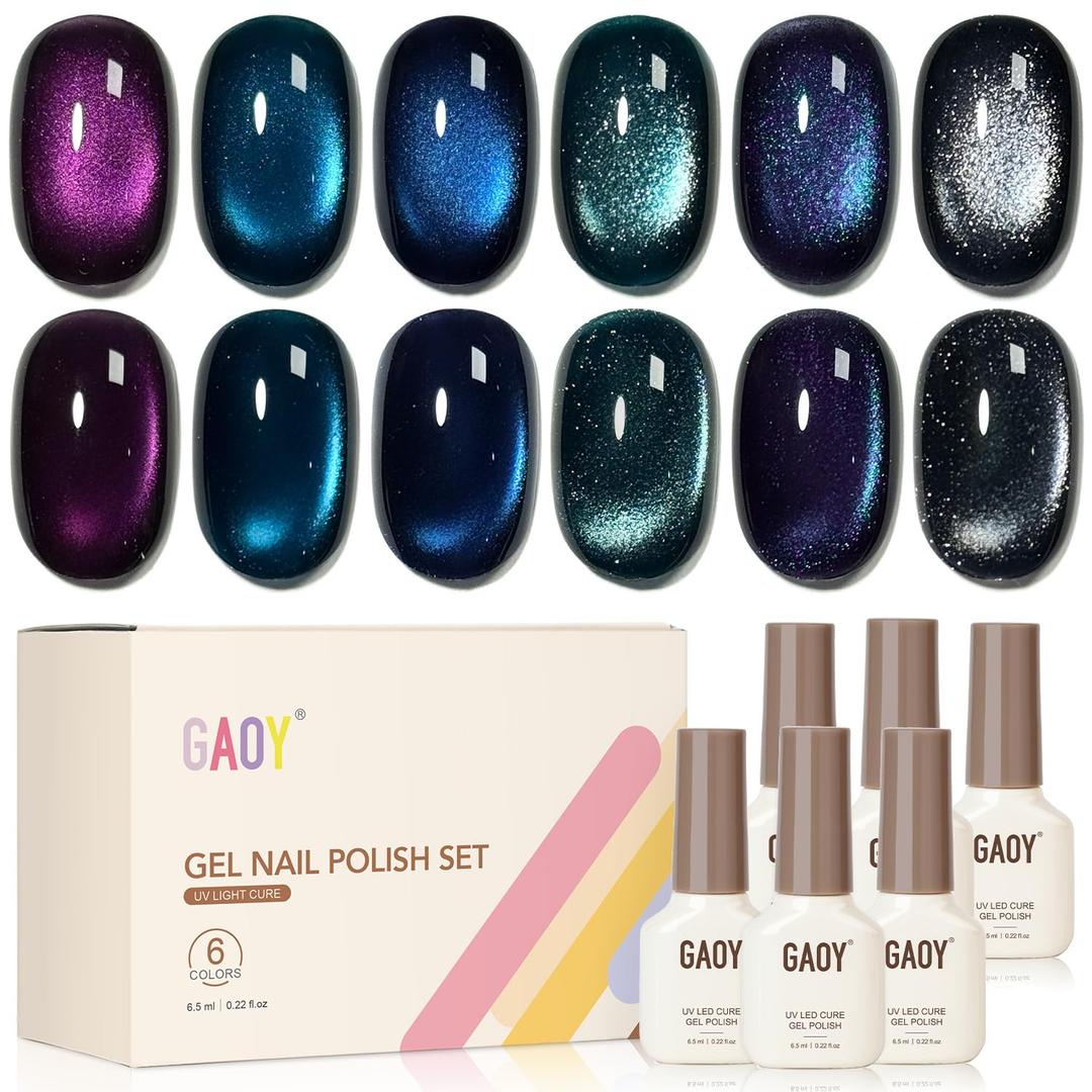 GAOY Glitter Cat Eye Gel Nail Polish Set with Magnet, 6 Colors Purple Blue Black Glitter Gel Holography, Long Lasting for Nail Art at Home & Salon Manicure (Starlight Night)
