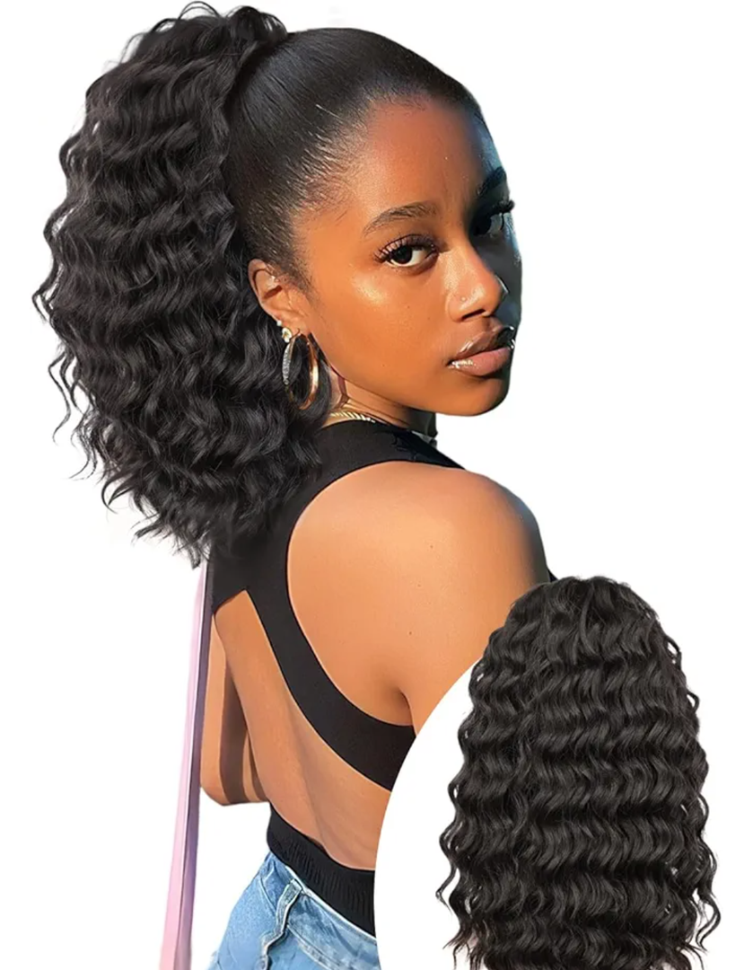 Isaic Ponytail Extension 12 Inch Long Wavy Curly Ponytails Drawstring Ponytail for Black Women Natural Black Pony Tails Hair Extensions Synthetic Hairpiece for Daily Use