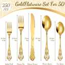 Dandat 250 Pcs Gold Stainless Steel Flatware Set, Retro Vintage Silverware with Forks Spoons Knives Mirror Polished Cutlery Set for Valentine's Day Wedding Kitchen Home Restaurant