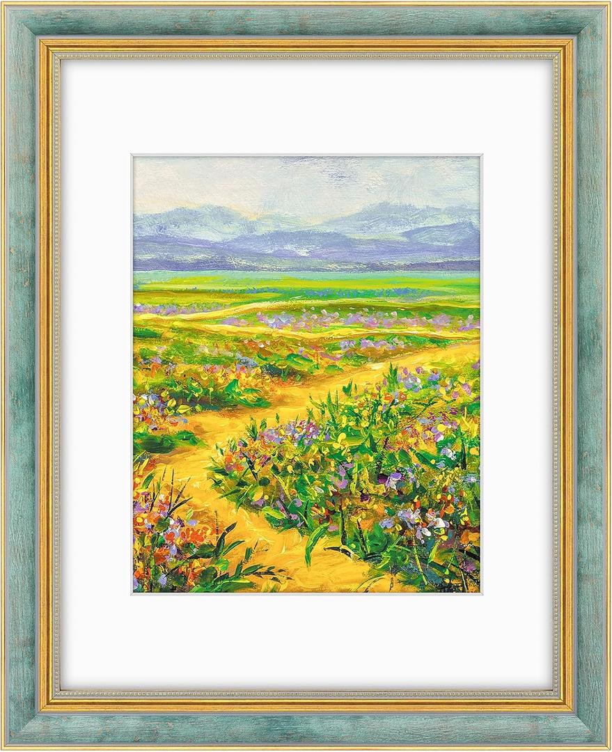 Golden State Art,11x14 Ornate Picture Frame for 8x10 Photo with Mat or 11 x 14 Prints without Mat, Real Glass Wall Display(Color:Distressed Blue Gold)