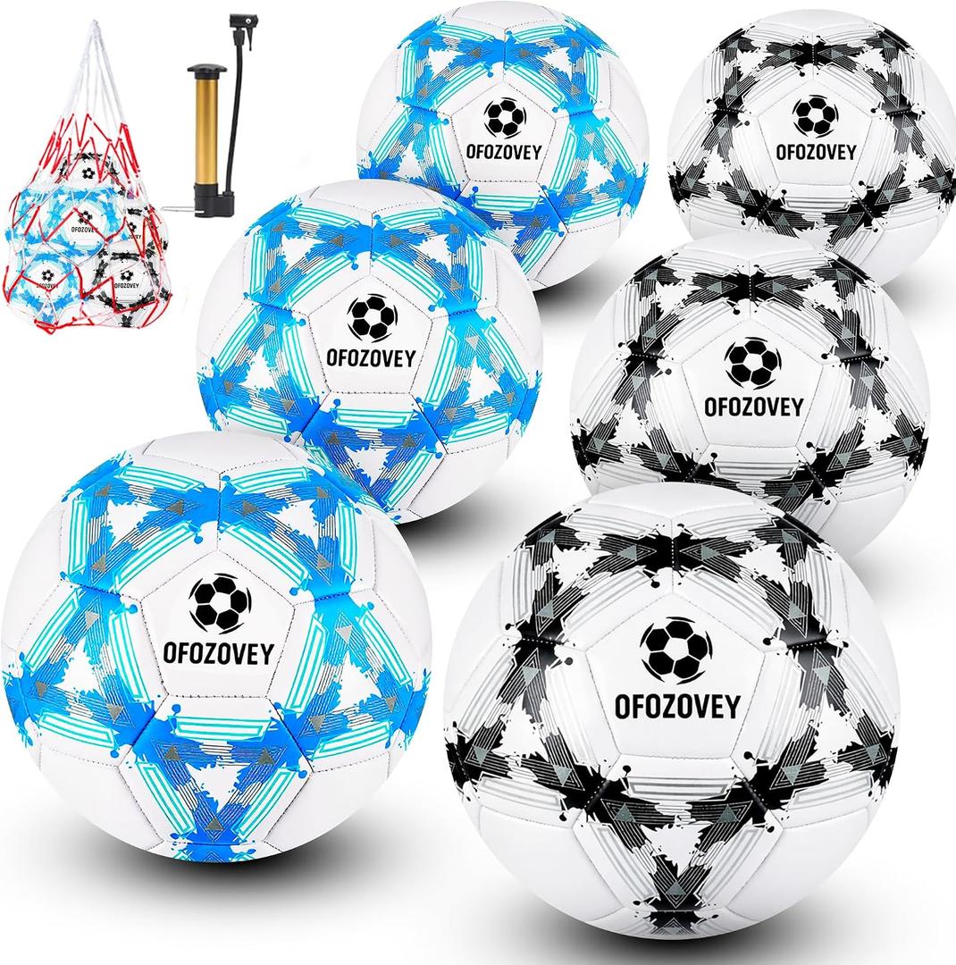 Soccer Ball Size 5 Six Pack,Classic Indoor Outdoor Soccer with 1 Pump 2 Net Bag and 2 Needle,Long-Lasting for Training, Games, Outdoor & Indoor Play,Ideal Gift for Boys Girls Youth Adult