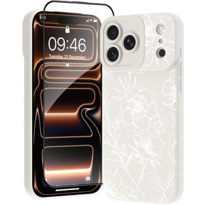 OOK for iPhone 17 Pro Case White Case Cute Flower Floral Design | Soft TPU Full Camera Lens Anti-Drop Anti-Scratch Shockproof Protective with Screen Protector, Gift giving & daily matching