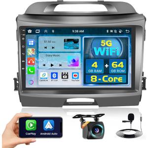 8 Core 4+64GB for Kia Sportage 2010-2016 Android 15 Car Stereo Wireless Carplay Android Auto, 9'' Touchscreen Car Radio with GPS, WiFi, 32EQ DSP, 59 UI, Bluetooth, FM RDS, Backup Camera