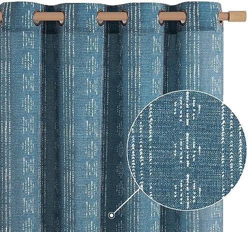 jinchan Boho Curtains Linen Blend Drapes for Living Room Farmhouse Blue 84 Inch Length for Bedroom Semi Sheer Grommet Drapes Striped Printed Mudcloth Light Filtering 2 Panels Set 50"W x 84"L (Pack of 2)