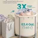 SONGMICS 63.5-Gallon (240 L) Laundry Basket with Wheels, Rolling Round Heavy-Duty Laundry Hamper Cart with Steel Frame and Removable Bag, 2 Locking Wheels, Cream White and Metallic Silver URLS012W01