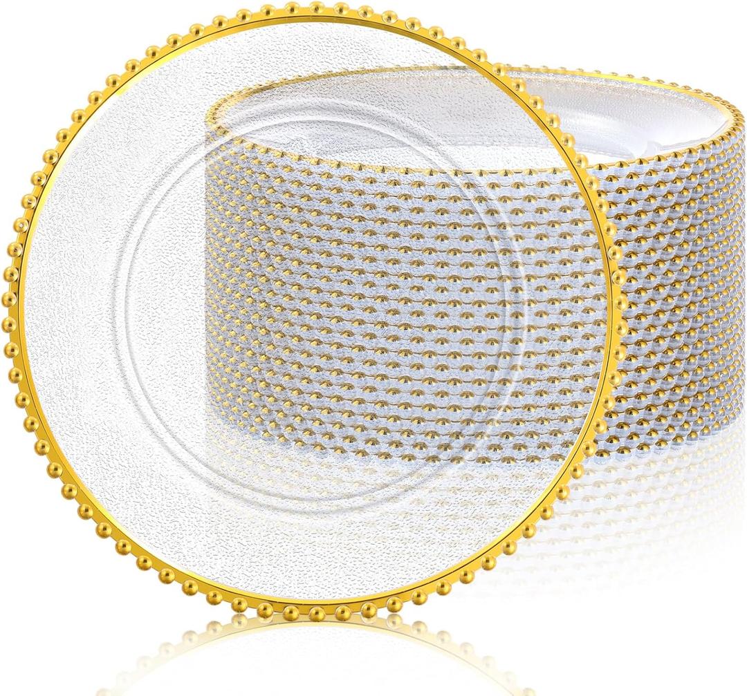 Hoolerry 12 Pack Clear Charger Plates Bulk 13 Inch Plastic Round Beaded Dinner Chargers Acrylic Frosted Grain Decorative Service Plates for Wedding Party Event, Home and Kitchen Tabletop (Gold)