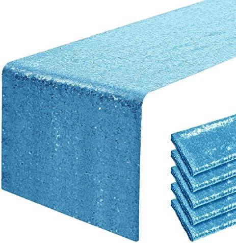 6 Packs 12 x 108 inches Blue Sequin Table Runner, Glitter Blue Table Runner for Wedding Birthday Bachelorette Holiday Party Supplies Decorations Bridal Shower Baby Shower