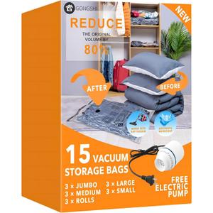 GONGSHI Vacuum Seal Bags for Clothing Travel & Home Storage, Travel Vacuum Bags with Electric Pump,Space Saver for Blankets, Comforters, Pillows, Clothes,15 Combo