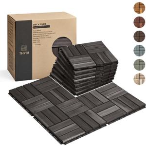 THYOI Premium Deck Tiles, Patio Flooring - Outdoor Waterproof Acacia Wood Tiles for All Weather Use - Balcony, Backyard, Indoor & Outdoor (Square Ft) (10, Black, 12S)