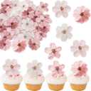 60Piece Edible Cherry Blossom Cake Toppers, Pre-Cut Wafer Paper Flowers in Assorted Sizes for Cupcakes, Baby Showers, Weddings, Birthdays and Spring Parties