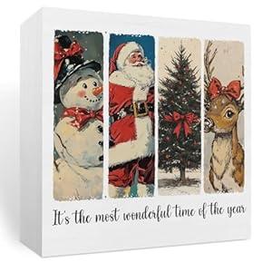 Vintage Christmas Decor, Christmas Decorations Indoor, Santa Claus Xmas Tree Reindeer Snowman Wooden Box Sign Gifts for Friends Family Home Bedroom Living Room Office Halloween Desk Decor