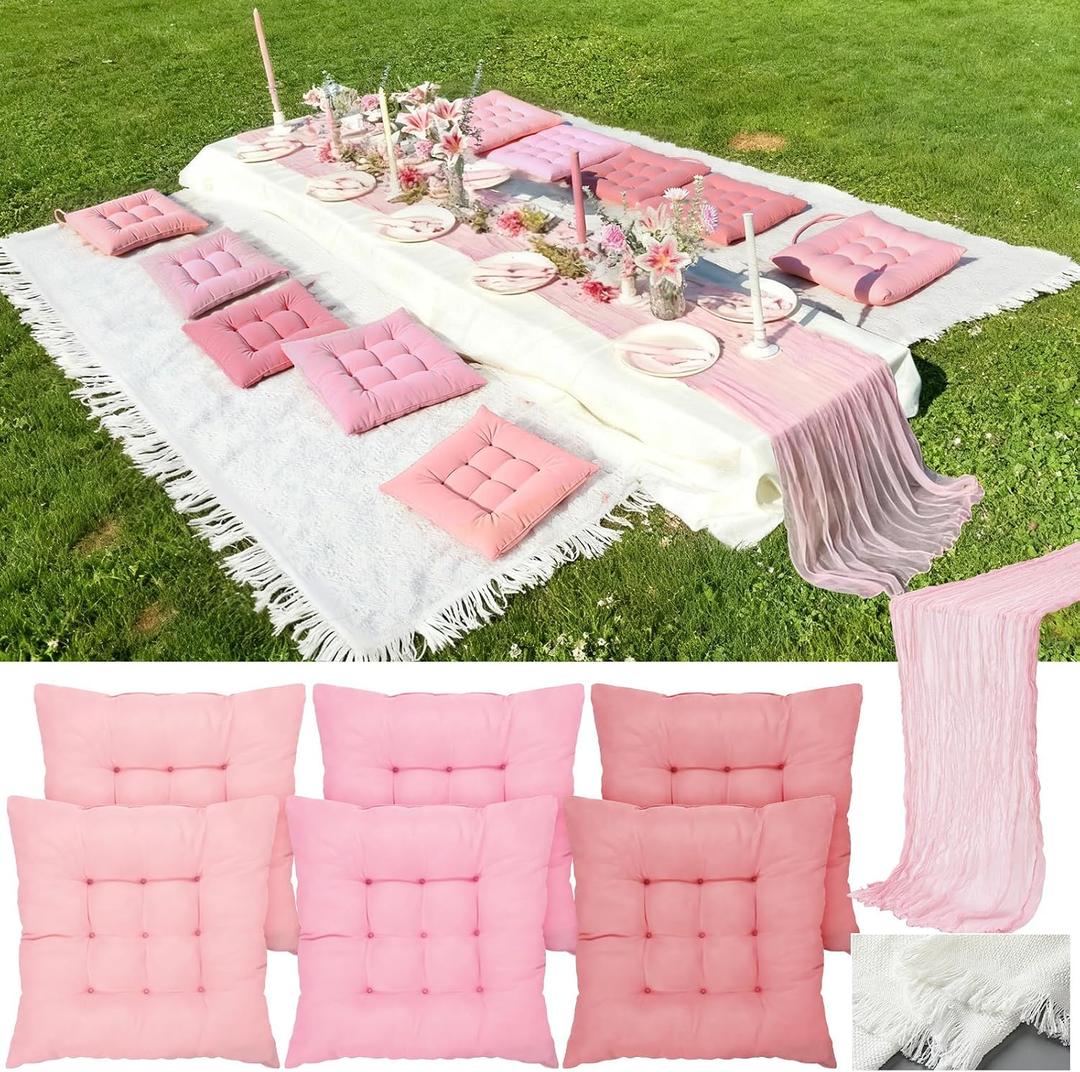 Extra Large Outdoor Picnic Blanket with Table Runner and Floor Pillow Cushion for Picnic Wedding Birthday Baby Shower Backyard (91 x 71'',Pink,6-Person)