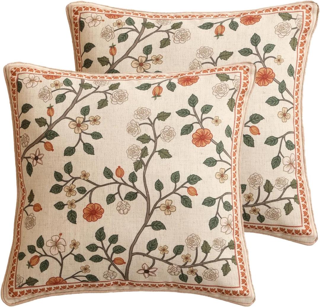Design Linen Classic Throw Pillow Covers 18"x18" Pack of 2, French Farmhouse Square Cushion Covers with Orange White Floral Pattern Decoration Pillowcases for Bed,Living Room,Outdoor,Car
